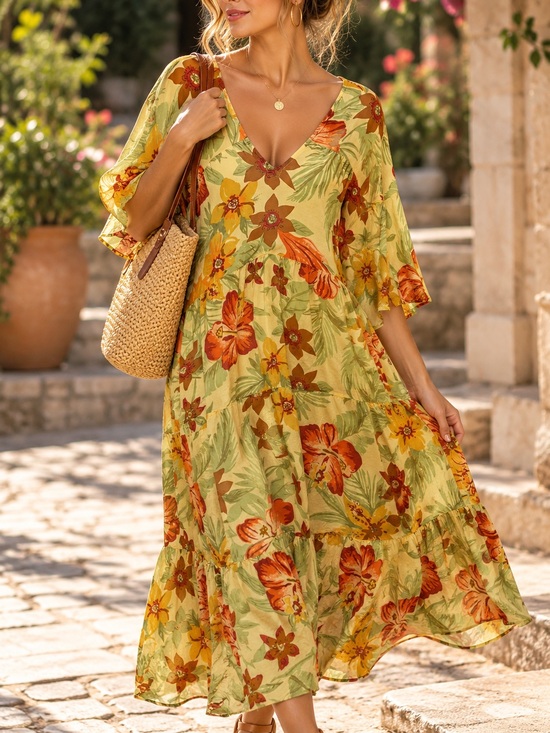 Faithfull the Brand Other - Faithfull the Brand Yellow Tropical Floral V-Neck Tiered Midi Dress XL